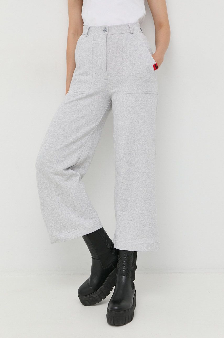 Love Moschino pantaloni de bumbac femei, culoarea gri, drept, high waist