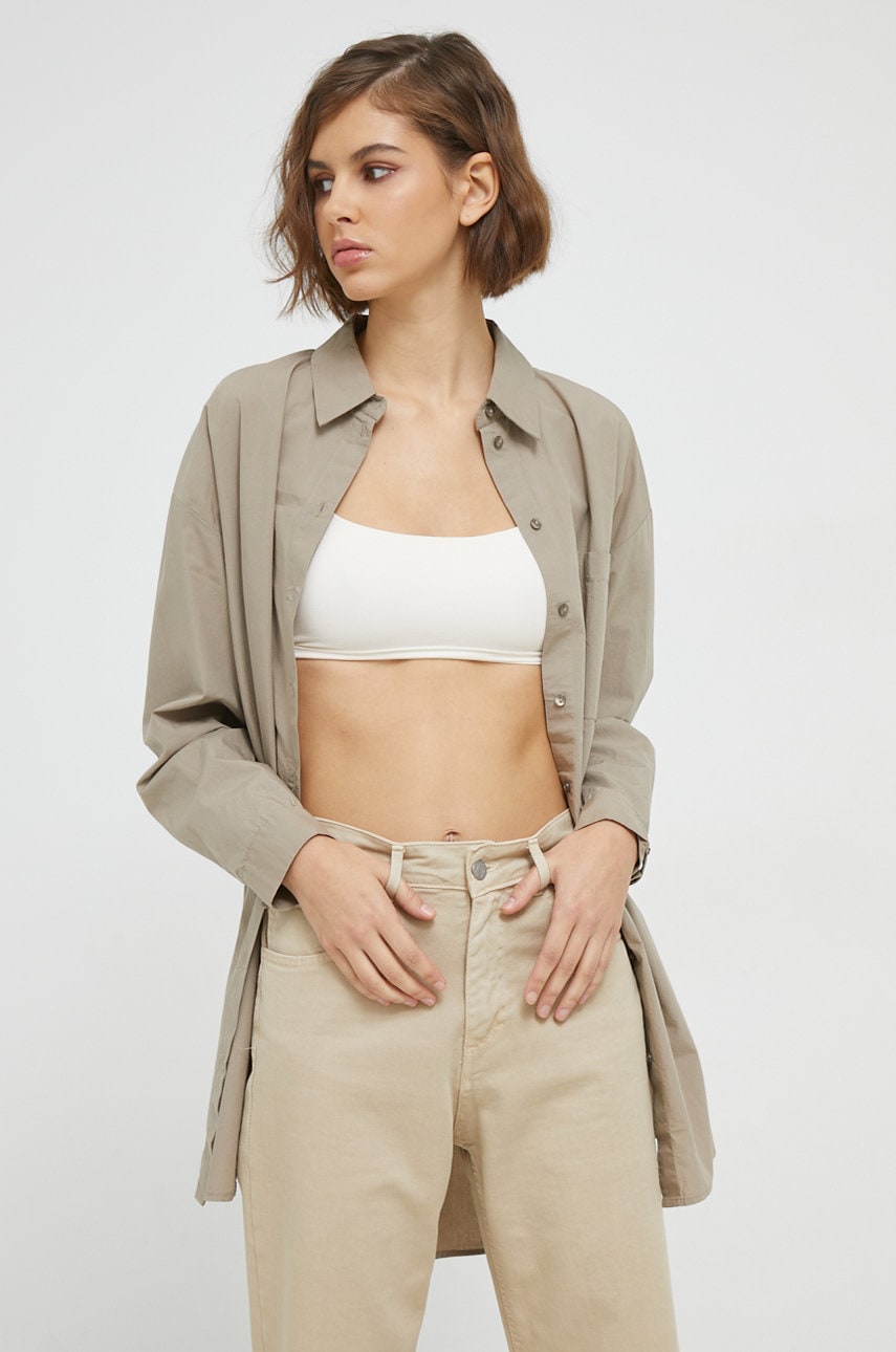 Vero moda camasa din bumbac femei, culoarea bej, cu guler clasic, regular