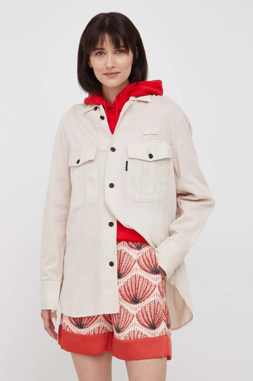 G-star raw camasa din bumbac femei, culoarea bej, cu guler clasic, regular
