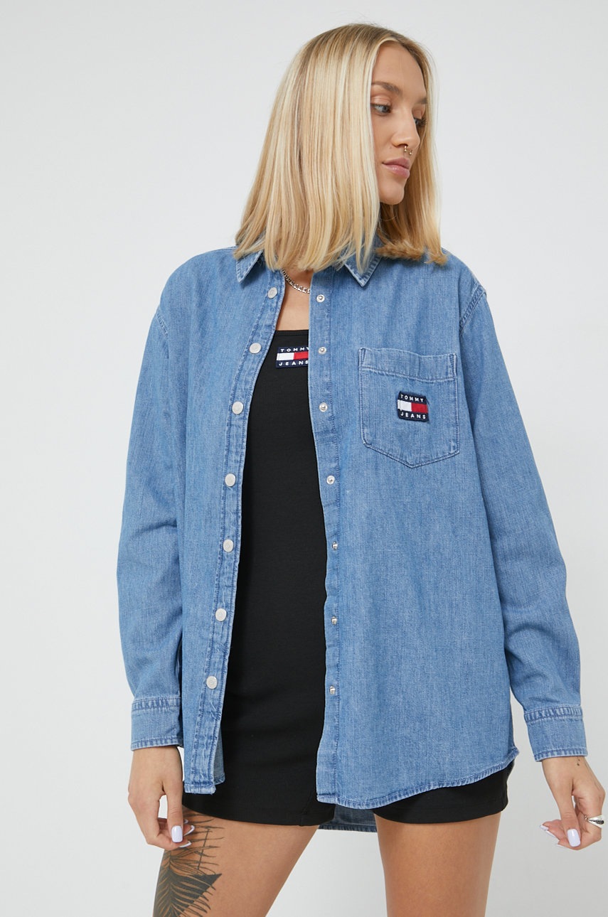 

Памучна риза Tommy Jeans дамска със стандартна кройка с класическа яка, Син