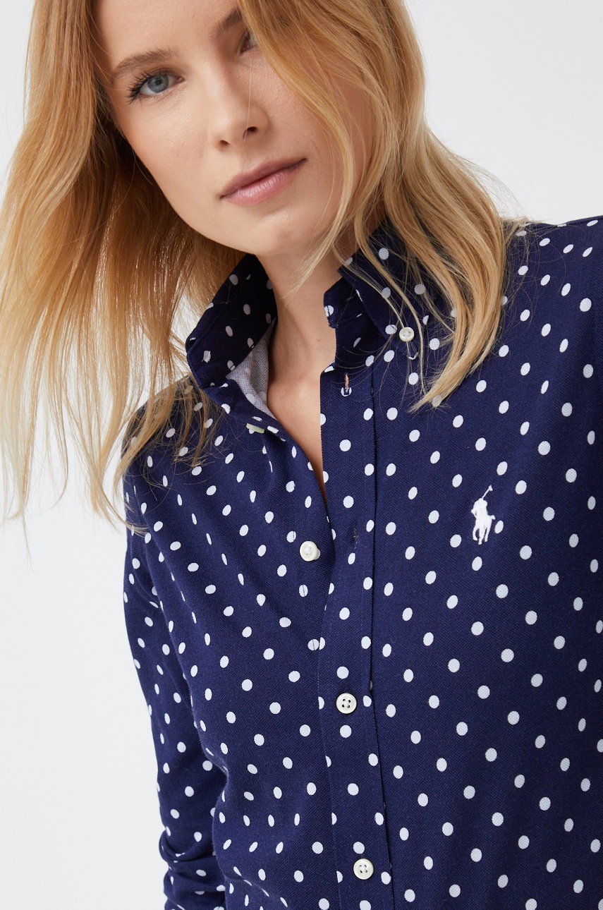 

Памучна риза Polo Ralph Lauren дамска в тъмносиньо със стандартна кройка с класическа яка, Тъмносин