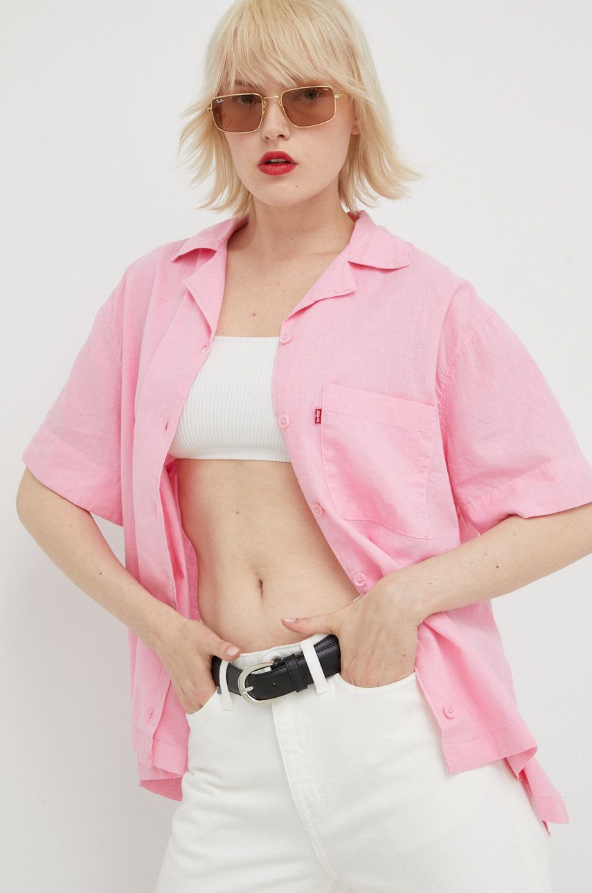 Plátěná košile Levi′s dámská, růžová barva, relaxed, s klasickým límcem - růžová -  55% Len