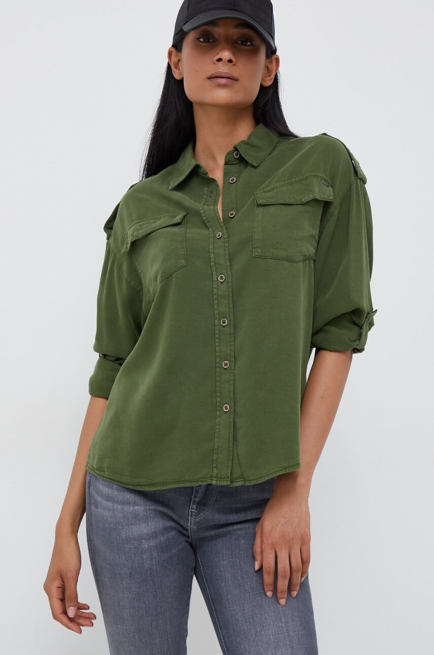 Pepe jeans camasa femei, culoarea verde, cu guler clasic, relaxed