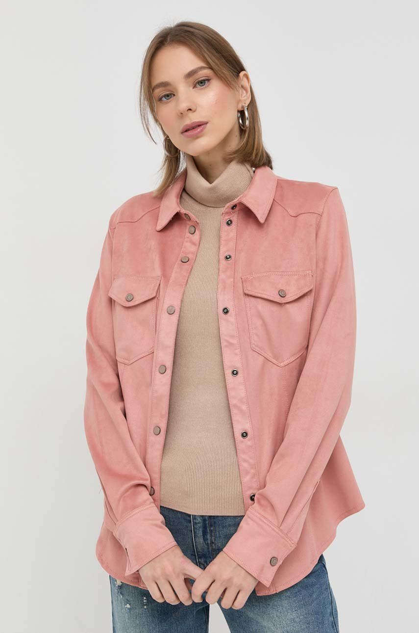 Levně Košile Guess dámská, růžová barva, regular, s klasickým límcem