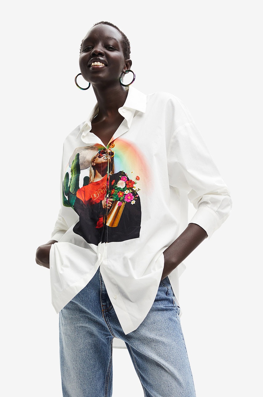 

Хлопковая рубашка Desigual женская цвет белый relaxed классический воротник