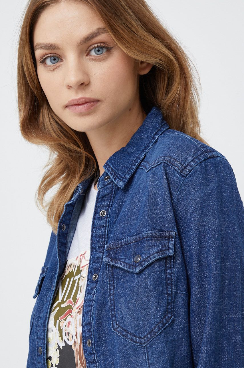 Sisley camasa jeans femei, culoarea albastru marin, cu guler