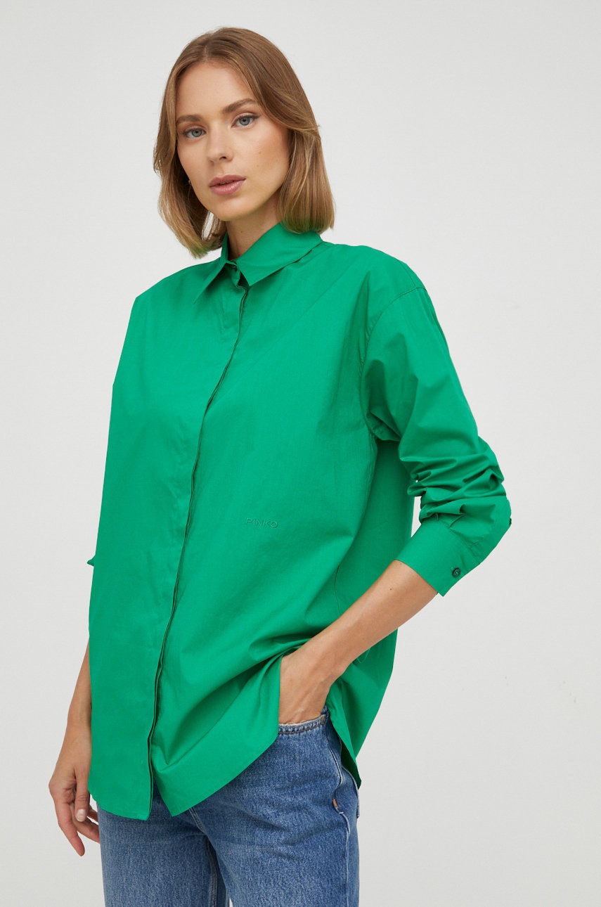 

Памучна риза Pinko дамска в зелено със свободна кройка с класическа яка, Зелен