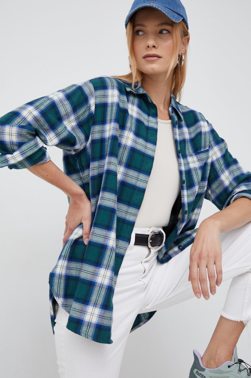 Gap camasa din bumbac femei, culoarea verde, cu guler clasic, relaxed
