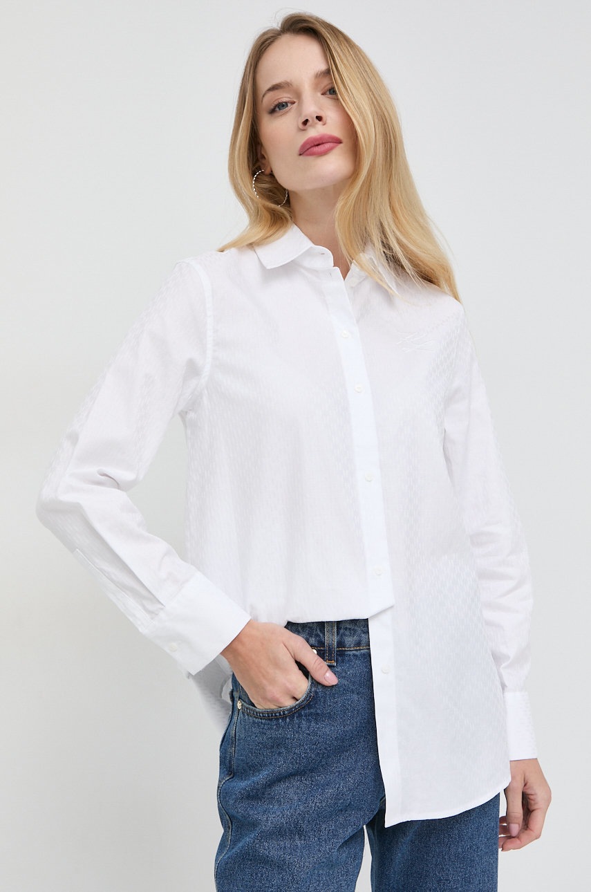 

Памучна риза Karl Lagerfeld дамска в бяло със свободна кройка с класическа яка, Бял