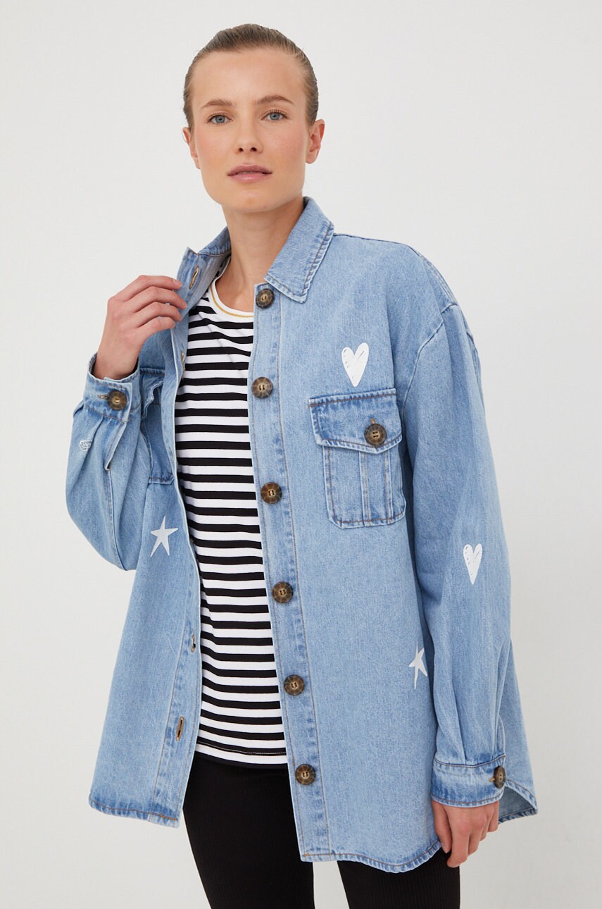 Femi stories camasa jeans linsy femei, cu guler clasic, relaxed