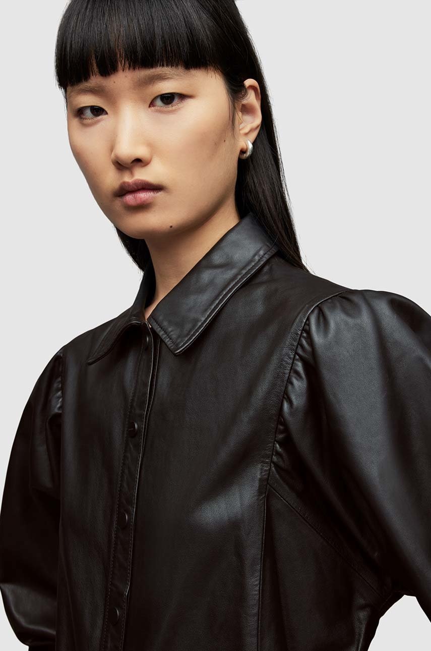

Кожаная рубашка AllSaints женская цвет чёрный relaxed классический воротник
