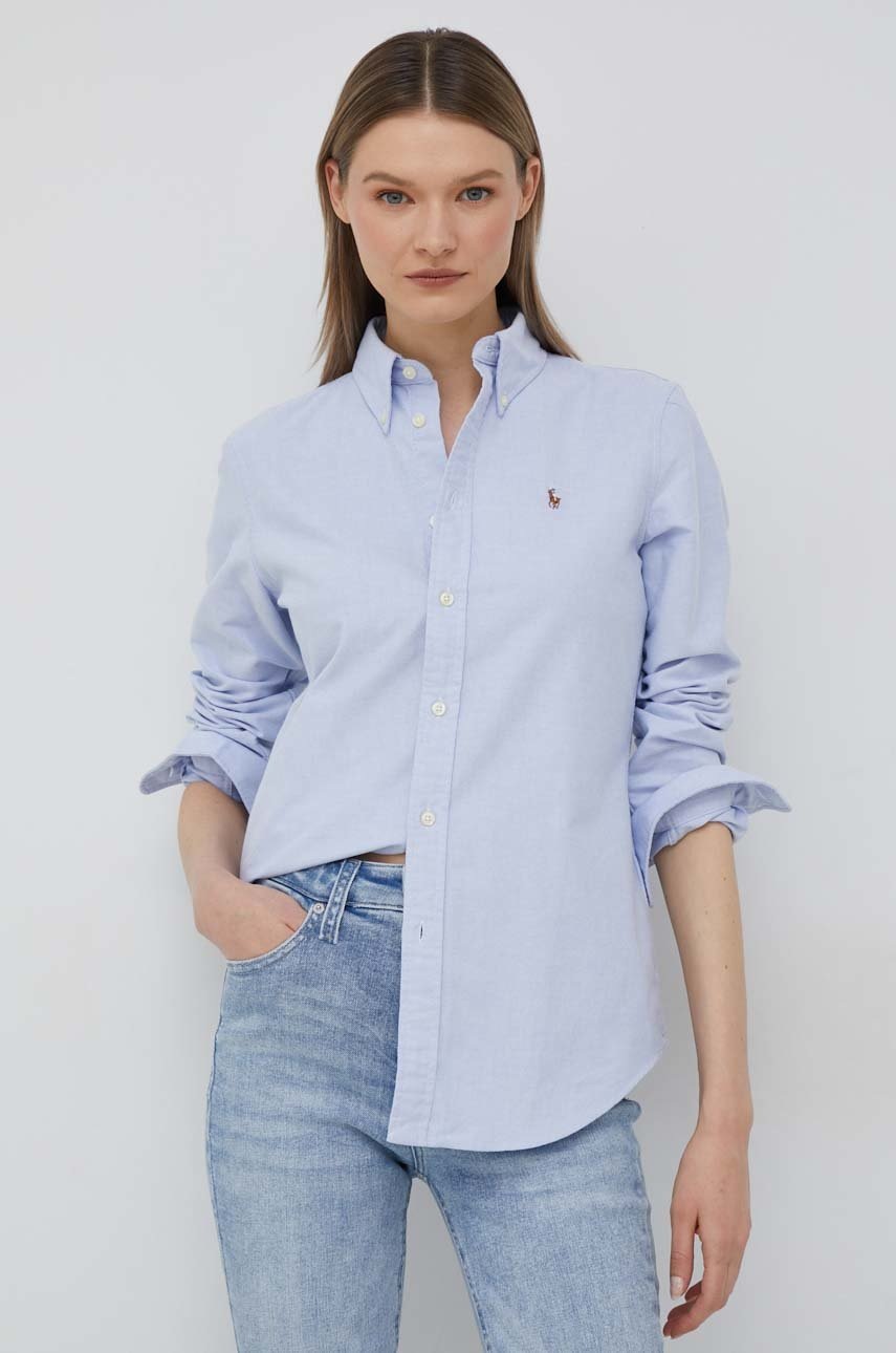 

Памучна риза Polo Ralph Lauren дамска в синьо с кройка по тялото с класическа яка, Син