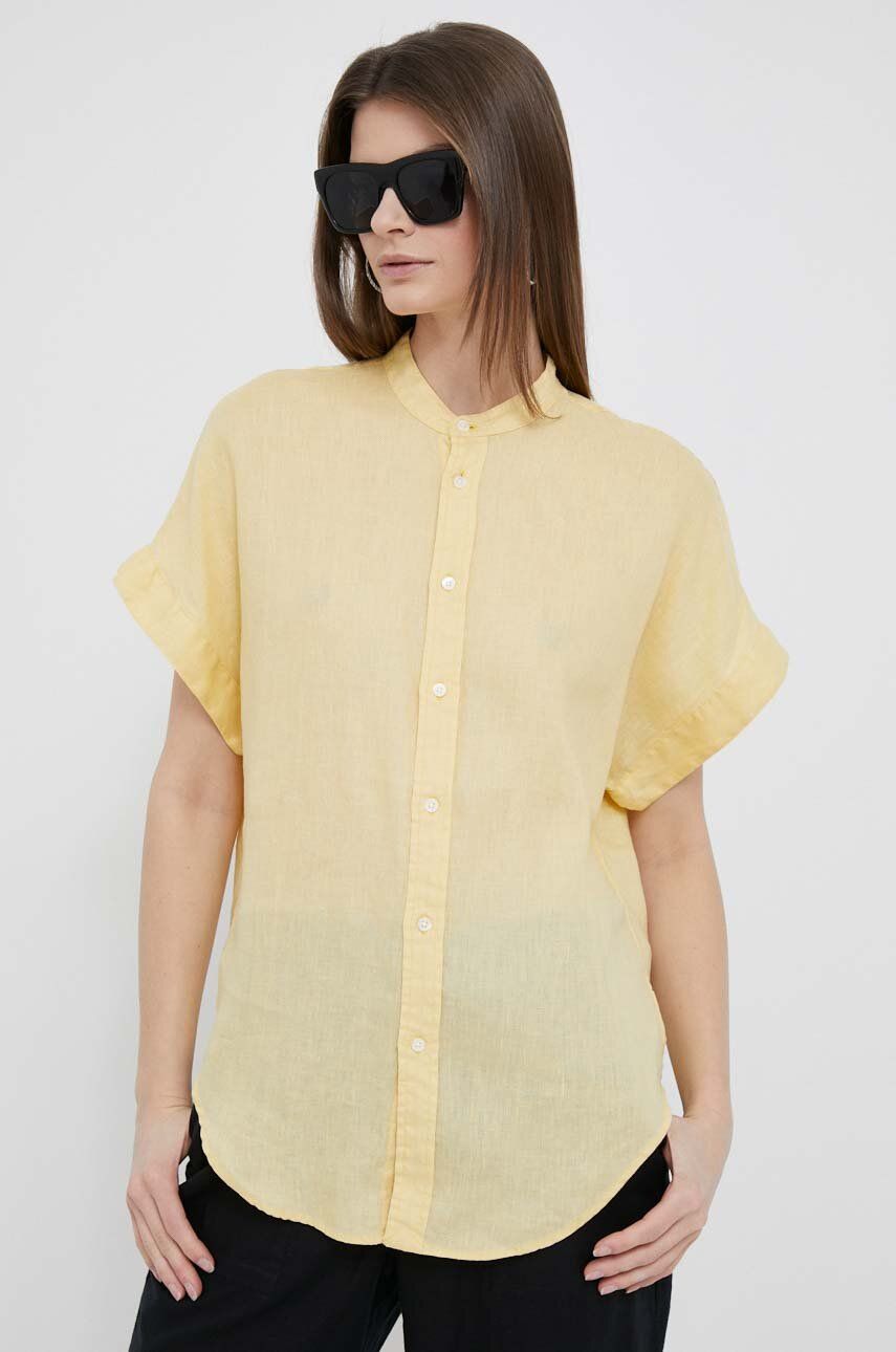 Plátěná košile Polo Ralph Lauren žlutá barva, relaxed, se stojáčkem - žlutá -  100 % Len
