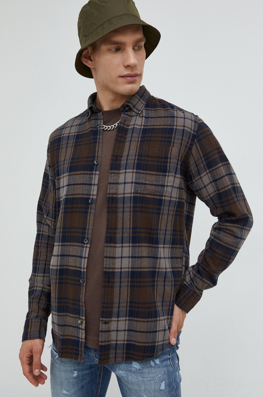 

Памучна риза Jack & Jones мъжка в кафяво със стандартна кройка с яка с копче, Кафяв
