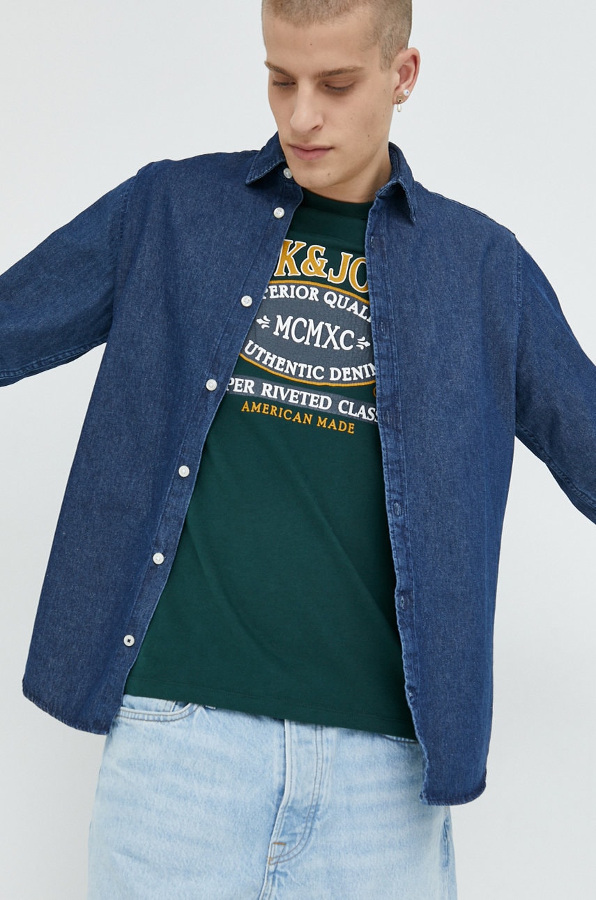 Jack & jones camasa jeans barbati, culoarea albastru marin, cu guler clasic, regular