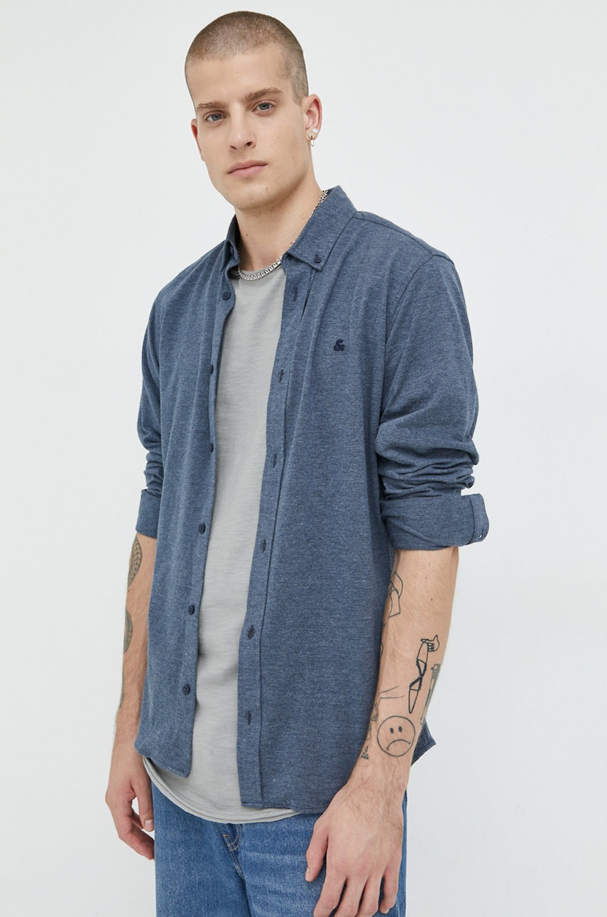 

Риза Jack & Jones мъжка в тъмносиньо със стандартна кройка с яка с копче, Тъмносин