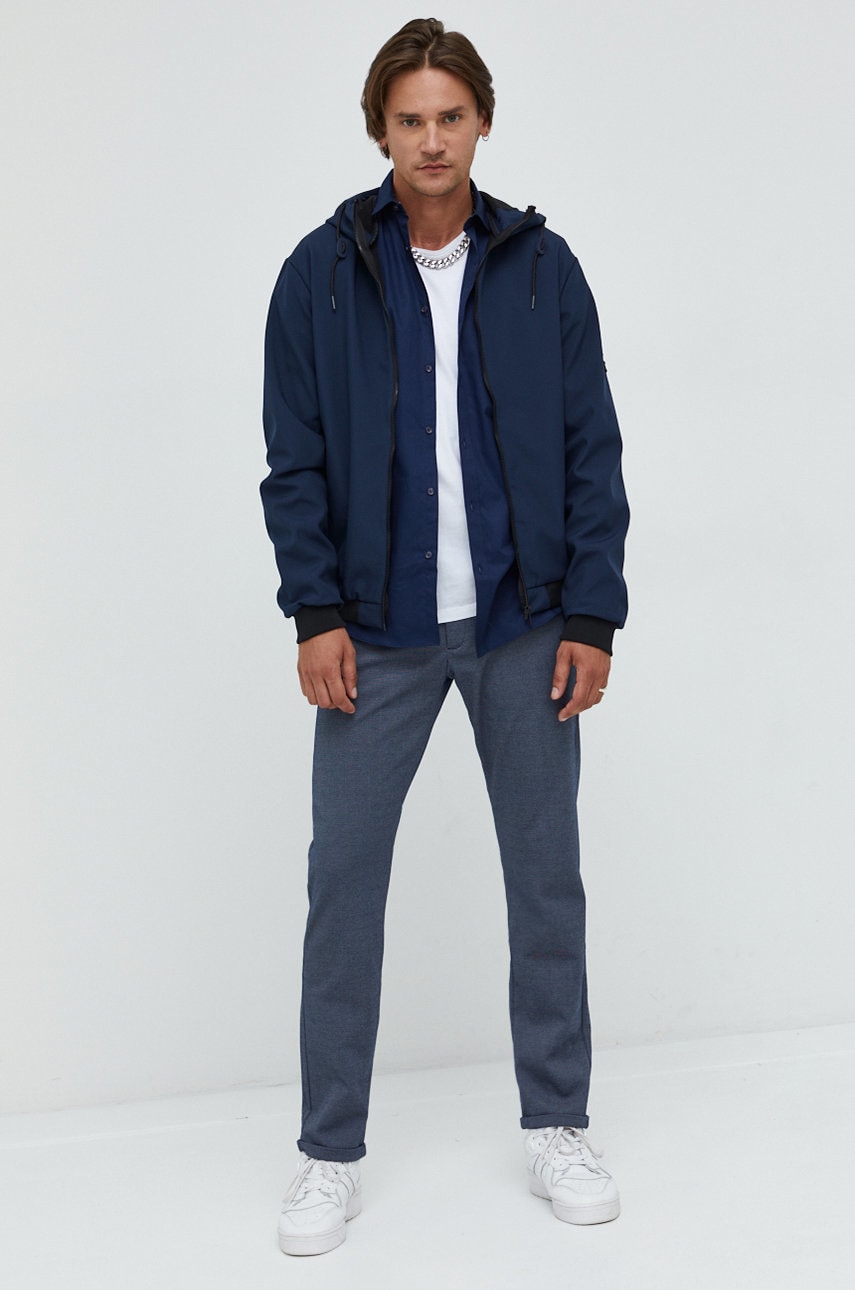 Premium by jack&jones camasa din bumbac barbati, culoarea albastru marin, cu guler italian, slim