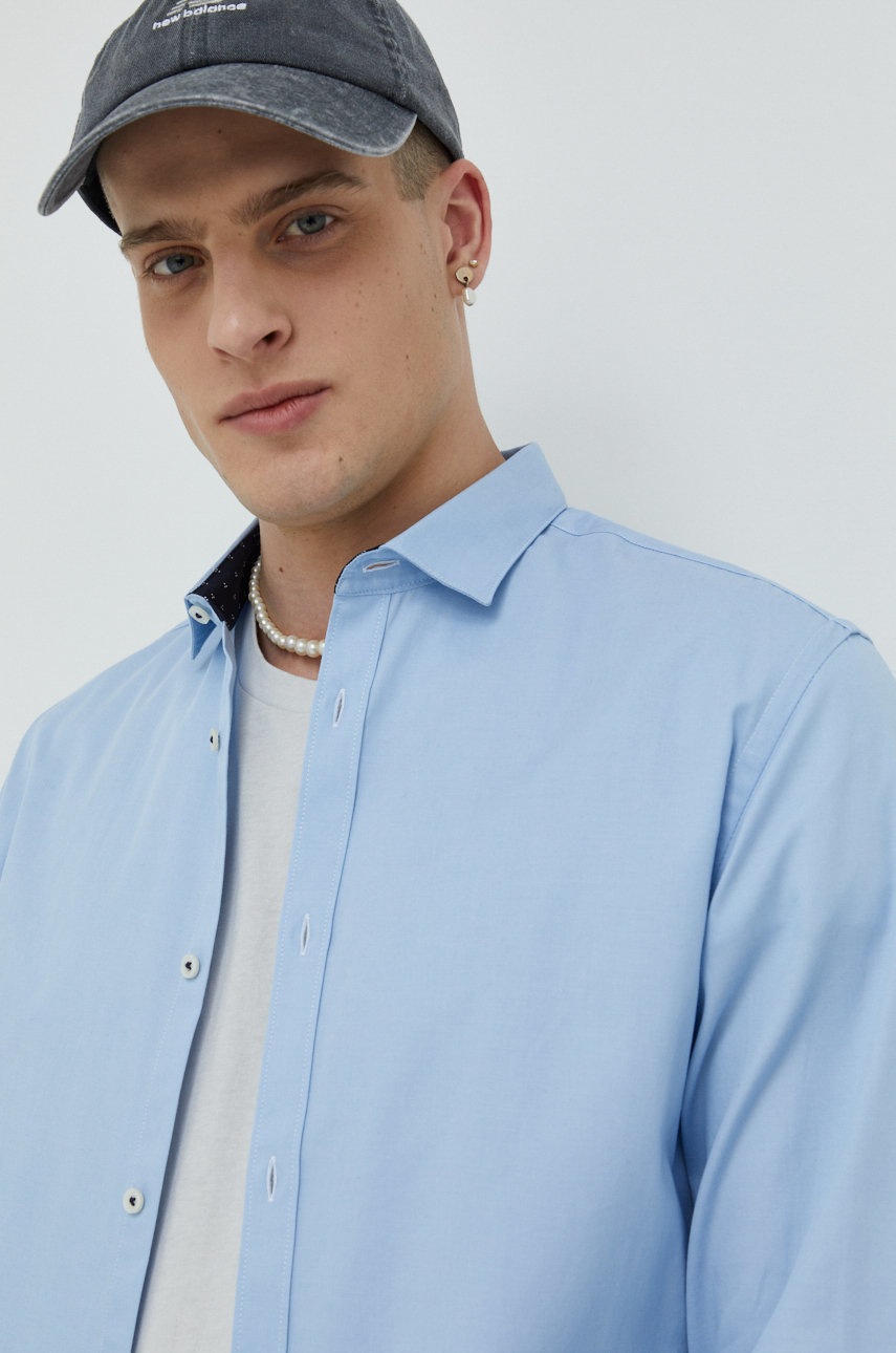 

Памучна риза Premium by Jack&Jones мъжка с кройка по тялото с италианска яка, Син
