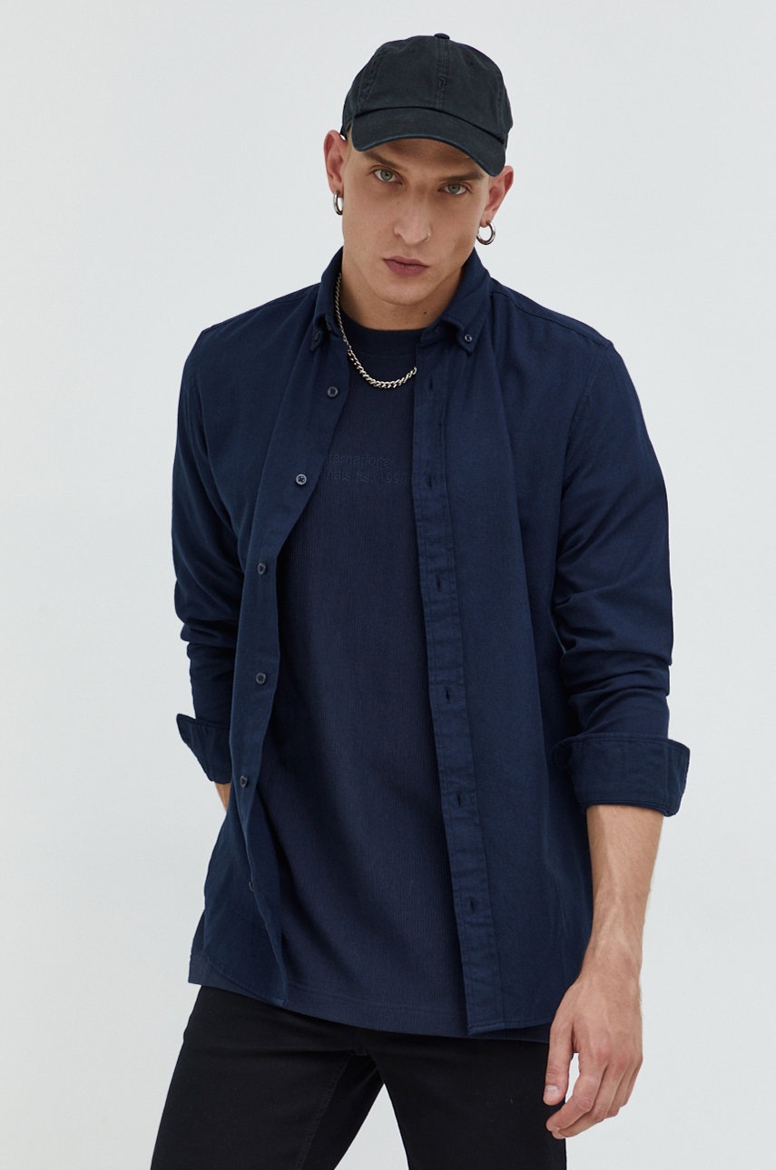 

Памучна риза Premium by Jack&Jones мъжка в тъмносиньо с кройка по тялото с яка с копче, Тъмносин