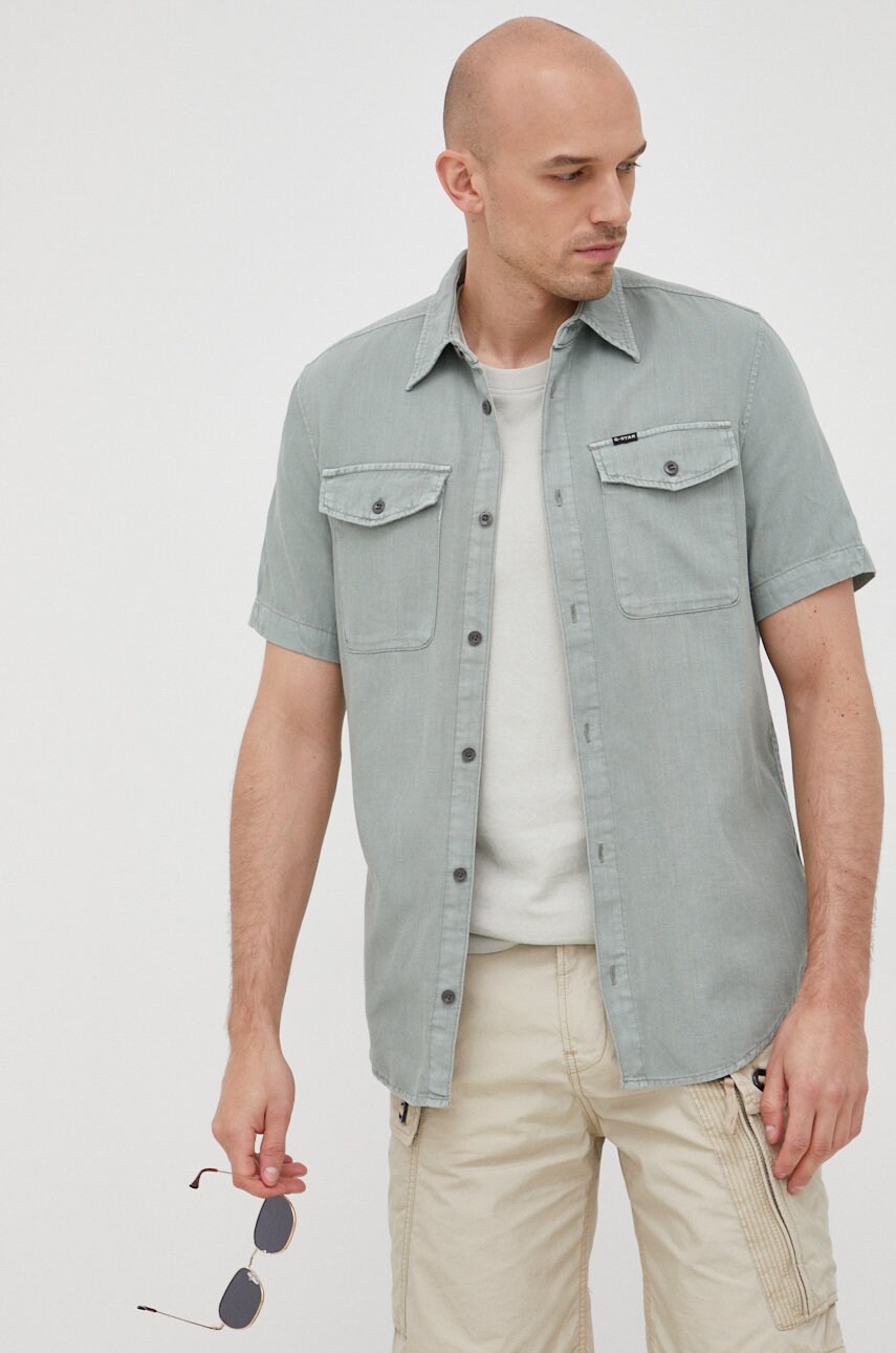 G-star raw camasa din bumbac barbati, culoarea verde, cu guler clasic, slim