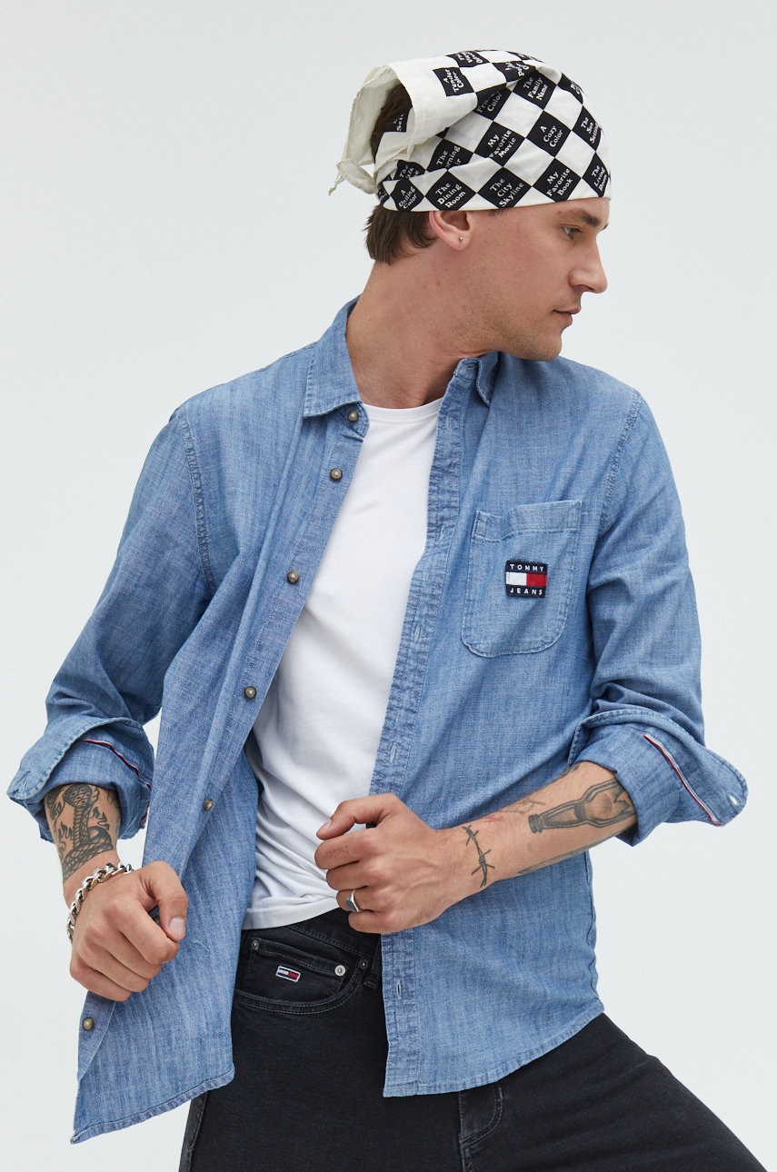 

Памучна риза Tommy Jeans мъжка със стандартна кройка с класическа яка, Син