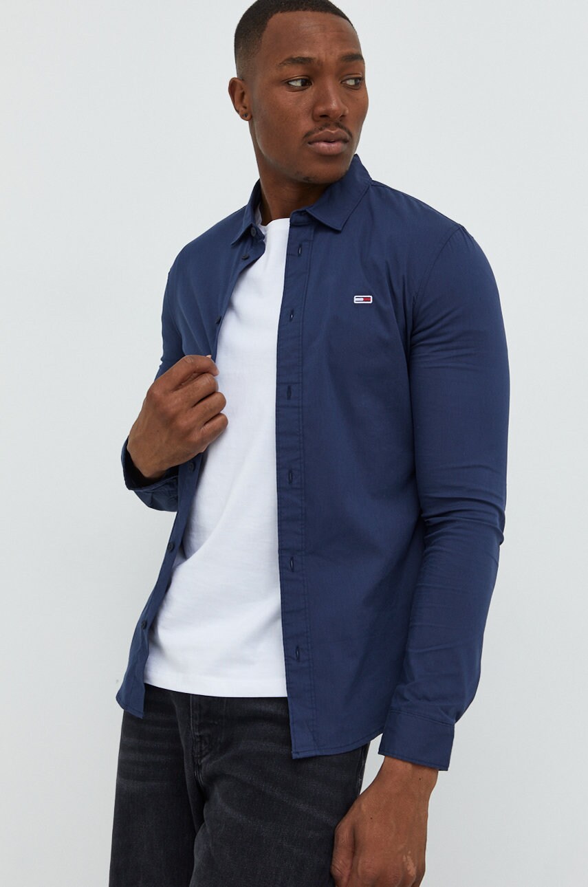 Tommy jeans camasa barbati, culoarea albastru marin, cu guler clasic, slim