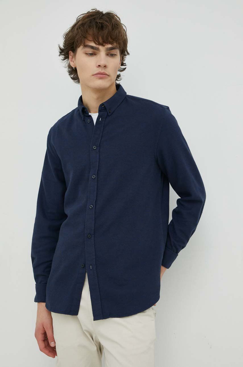 Košile Samsoe Samsoe , béžová barva, regular, s klasickým límcem - námořnická modř -  100 % Bav
