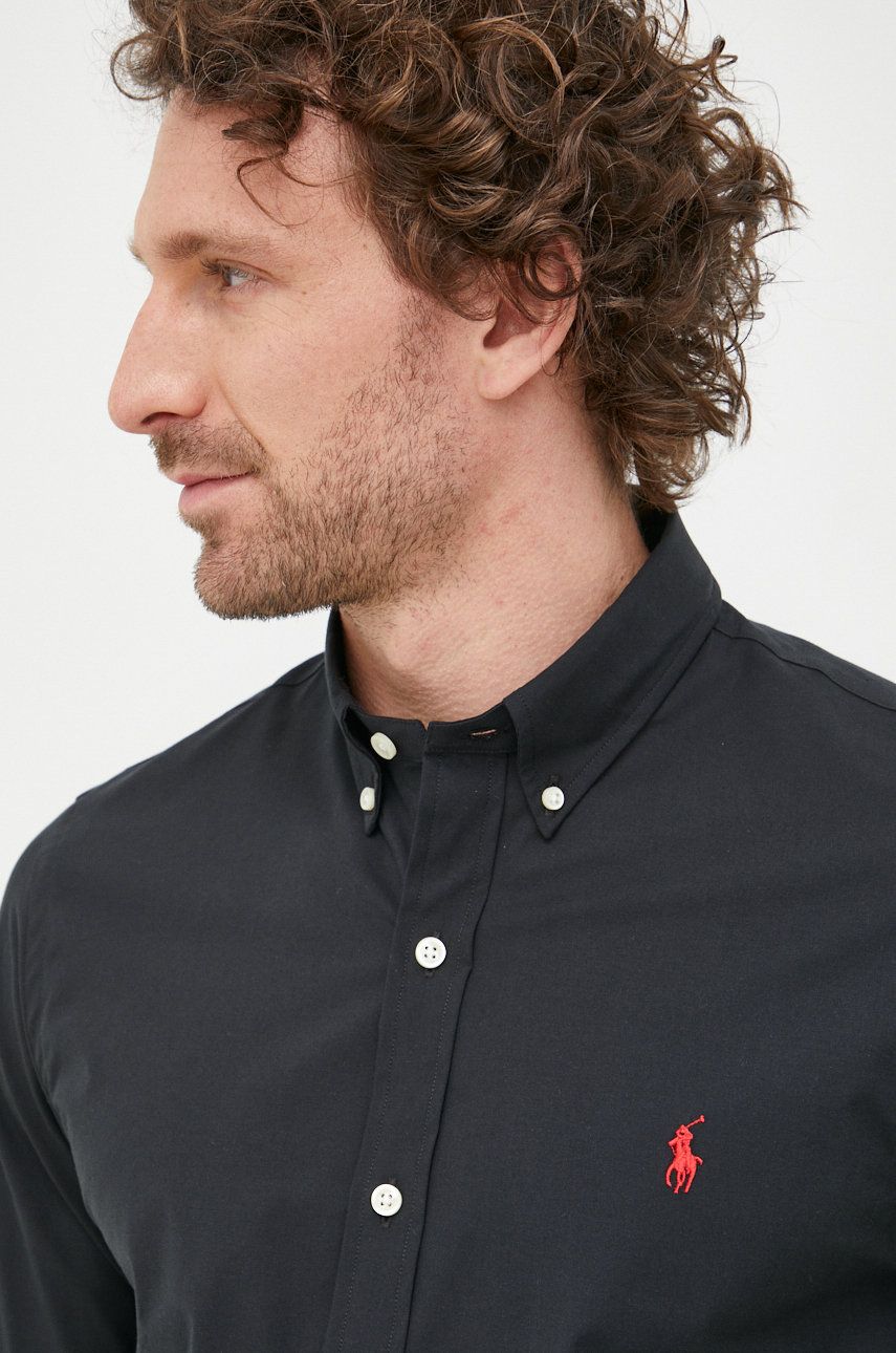 Košile Polo Ralph Lauren pánská, černá barva, slim, s límečkem button-down - černá -  91% Bavln