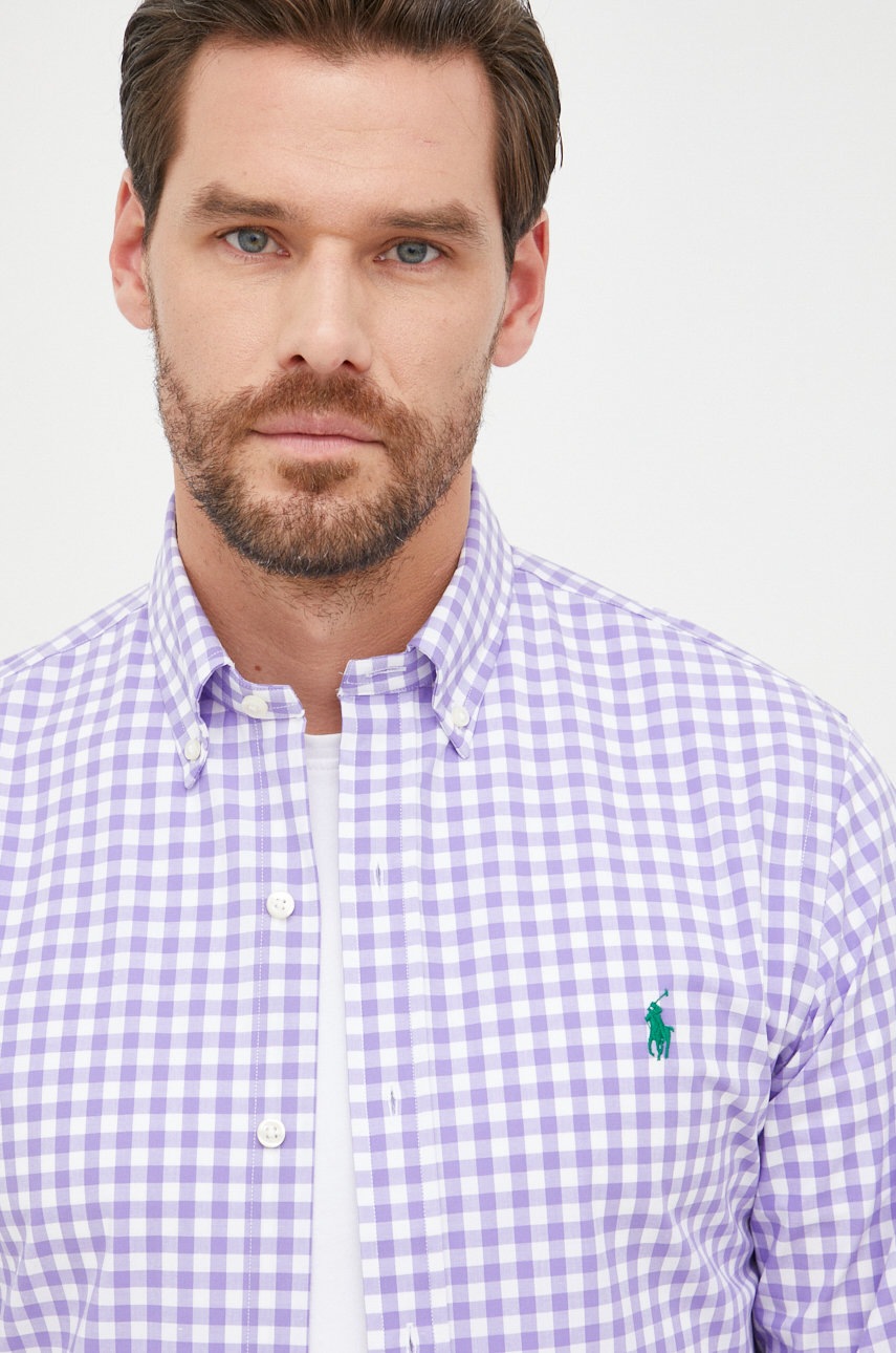 

Риза Polo Ralph Lauren мъжка в бяло с кройка по тялото с яка с копче, Бял