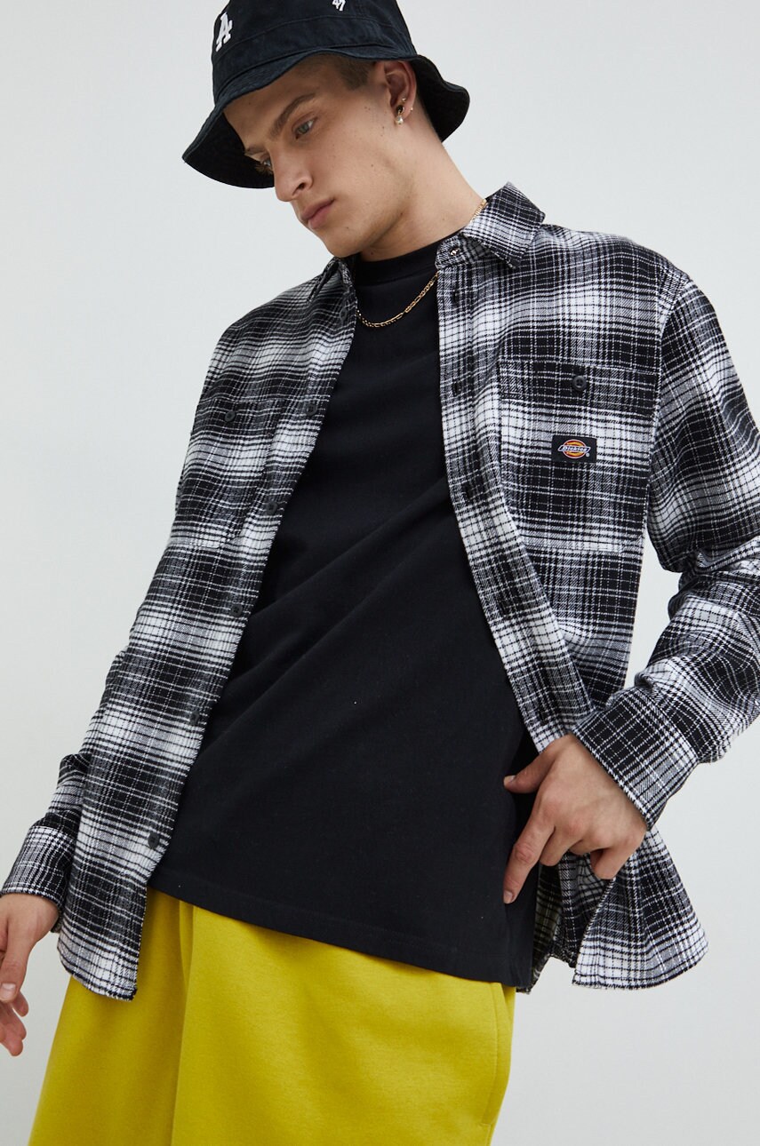 Dickies camasa din bumbac barbati, culoarea negru, cu guler clasic, regular