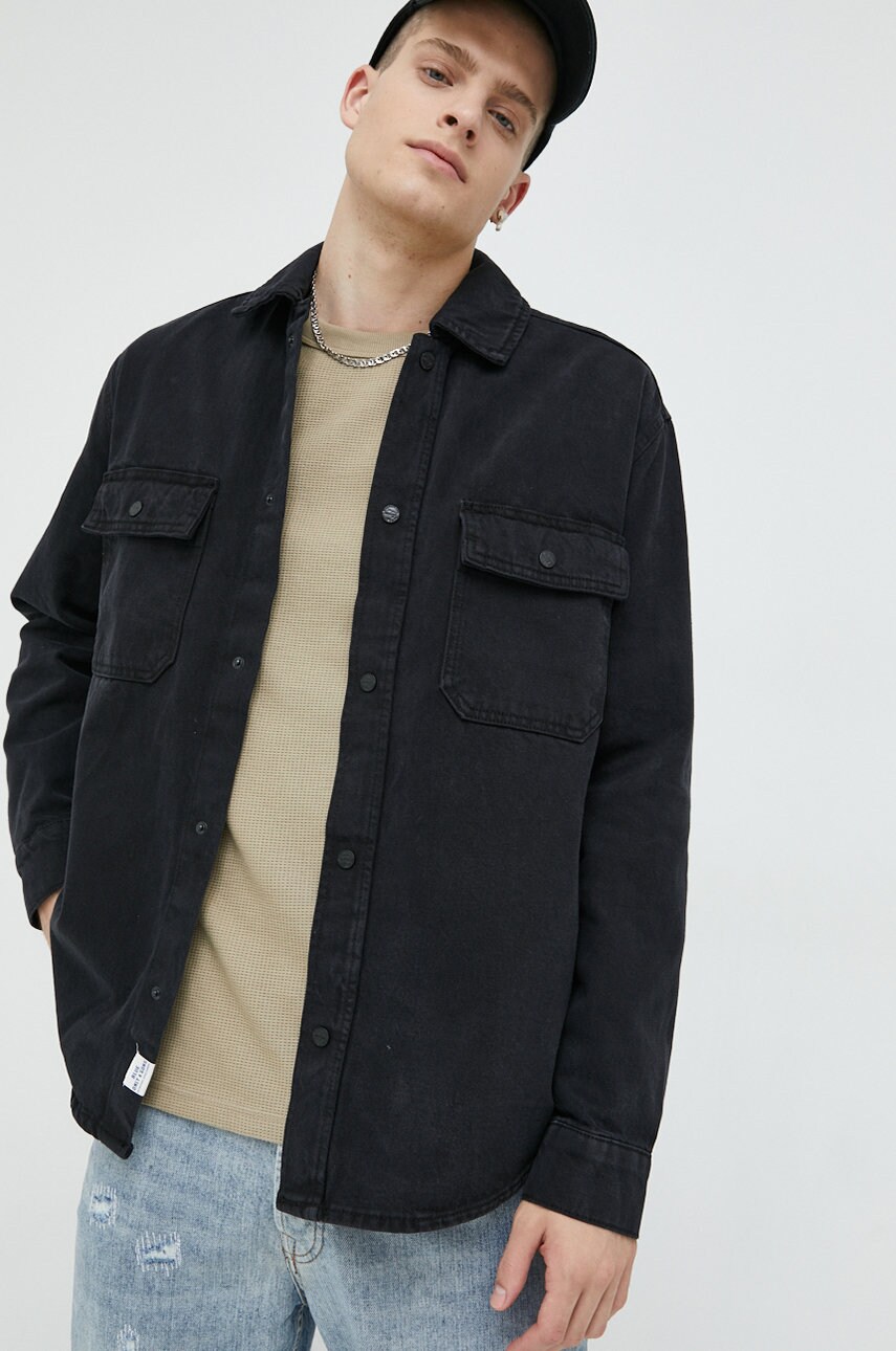 Only & sons camasa jeans barbati, culoarea negru, cu guler clasic, relaxed