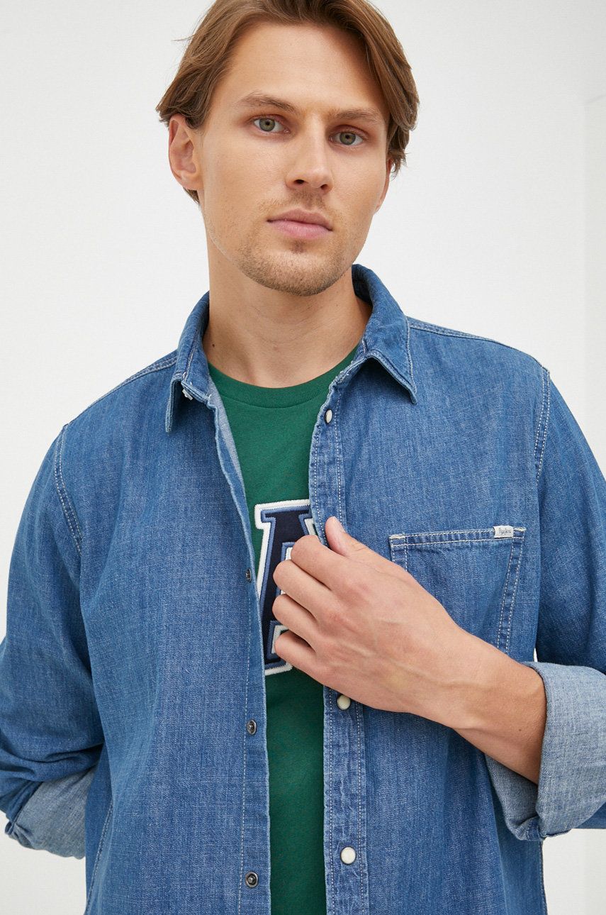 Džínová košile Pepe Jeans pánská, regular, s klasickým límcem - modrá -  100% Bavlna