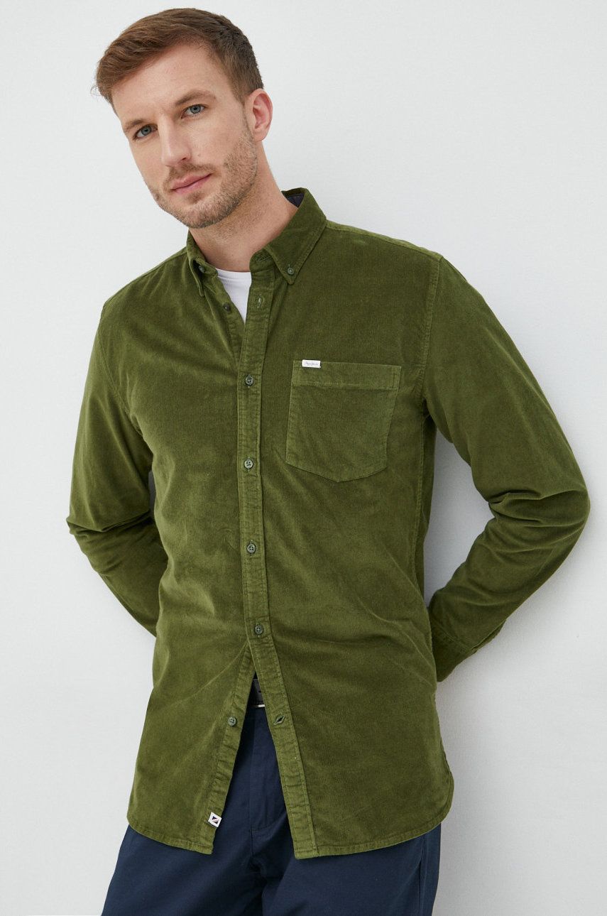 Pepe Jeans camasa din velur barbati, culoarea verde, cu guler button-down, regular answear.ro