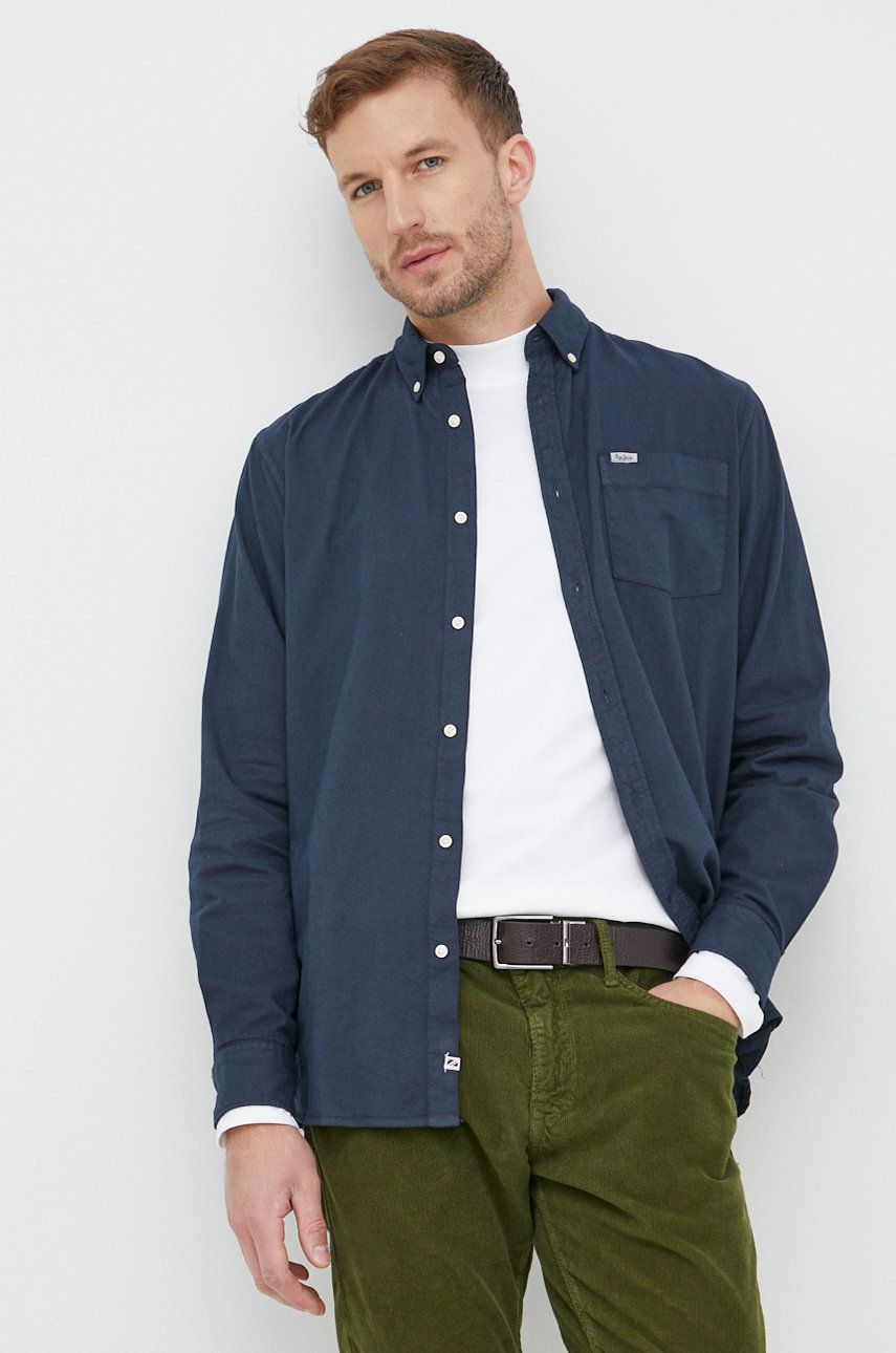 Pepe Jeans camasa din bumbac barbati, culoarea albastru marin, cu guler button-down, regular answear.ro