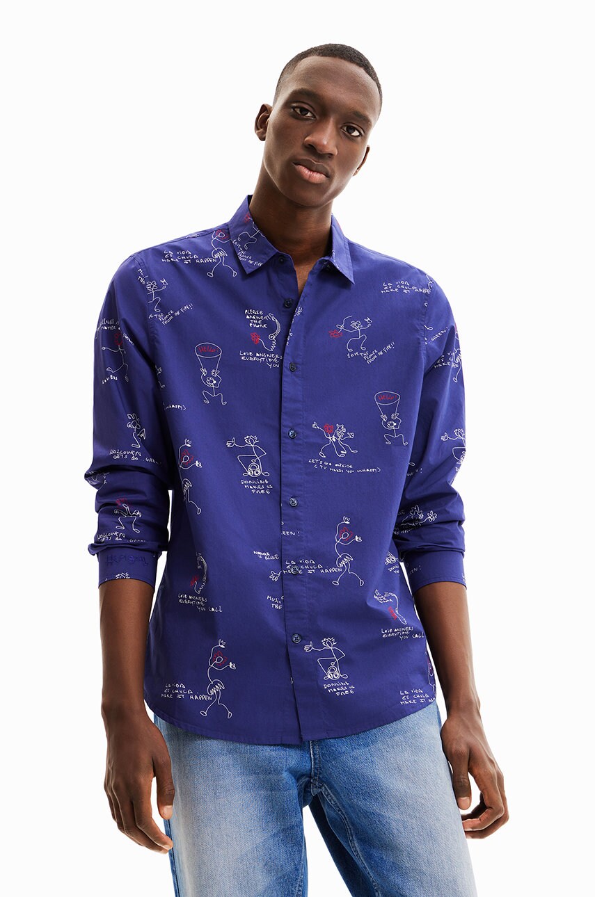 Desigual camasa din bumbac barbati, culoarea turcoaz, cu guler clasic, regular