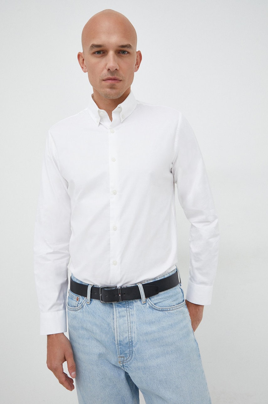 Selected homme camasa din bumbac barbati, culoarea alb, cu guler button-down, slim