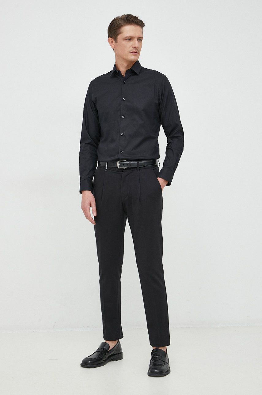 Selected Homme camasa din bumbac barbati, culoarea negru, cu guler italian, regular