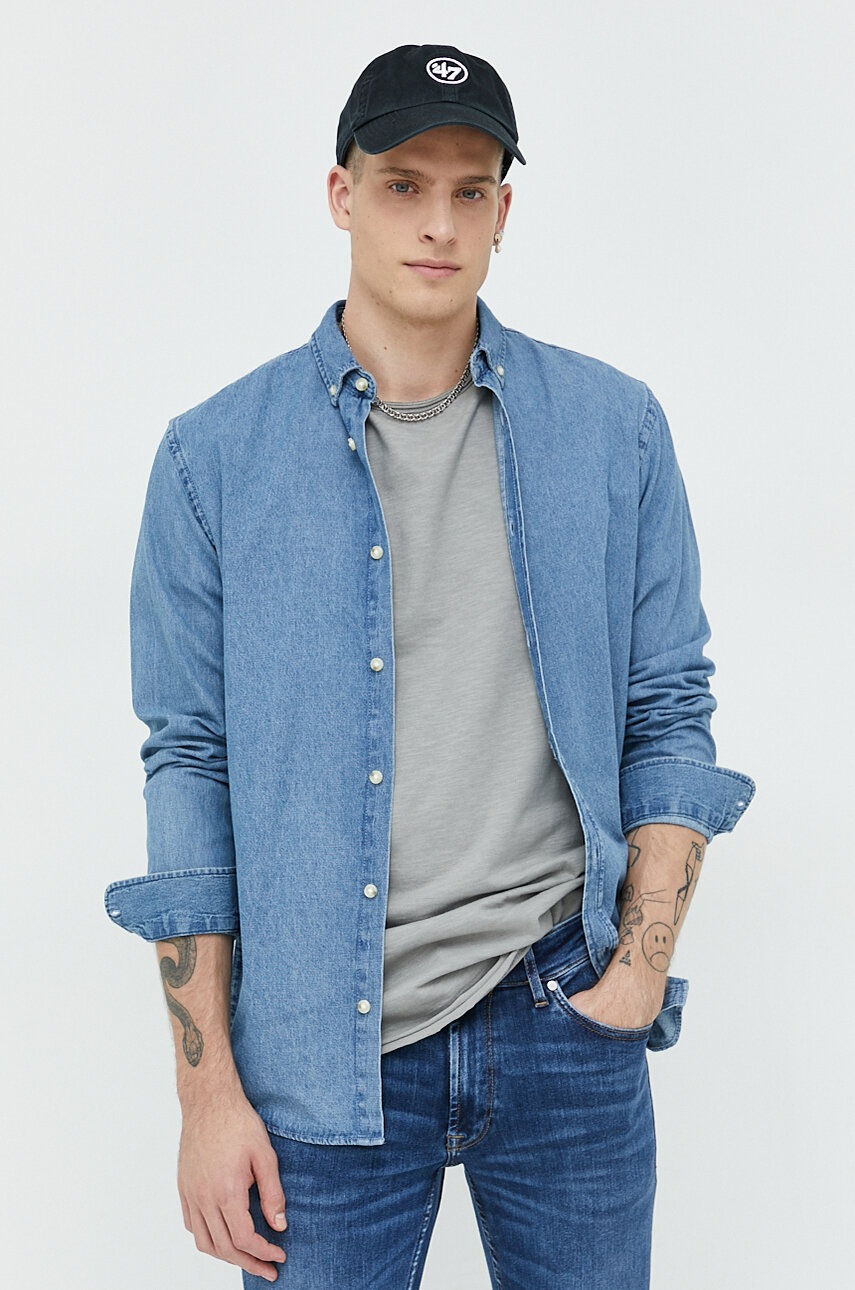 

Джинсовая рубашка Produkt by Jack & Jones мужская цвет синий regular воротник button-down