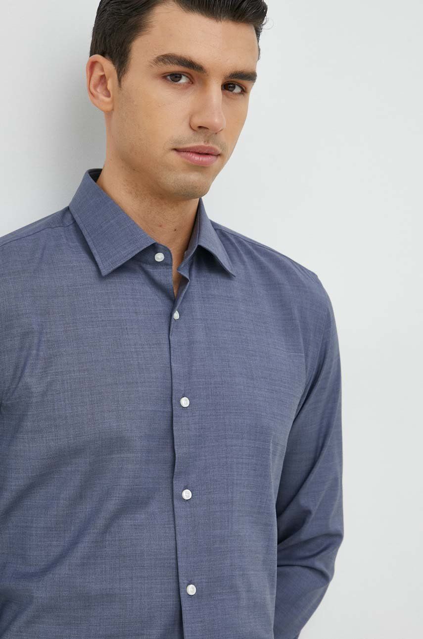 Vlněná košile BOSS pánská, slim, s klasickým límcem - modrá -  99% Vlna