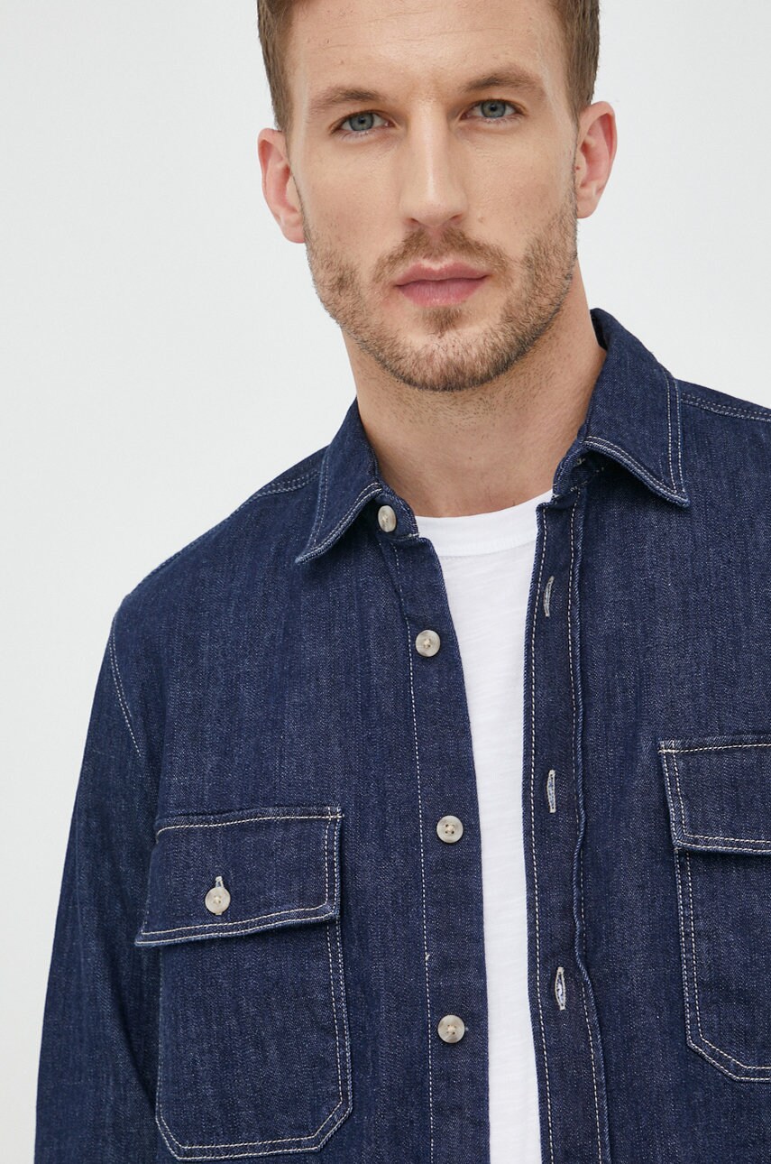 Boss camasa jeans boss casual barbati, culoarea albastru marin, cu guler clasic, regular