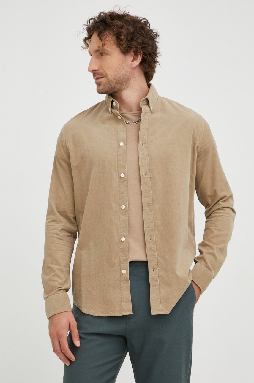 Samsoe samsoe camasa din velur barbati, culoarea bej, cu guler button-down, regular