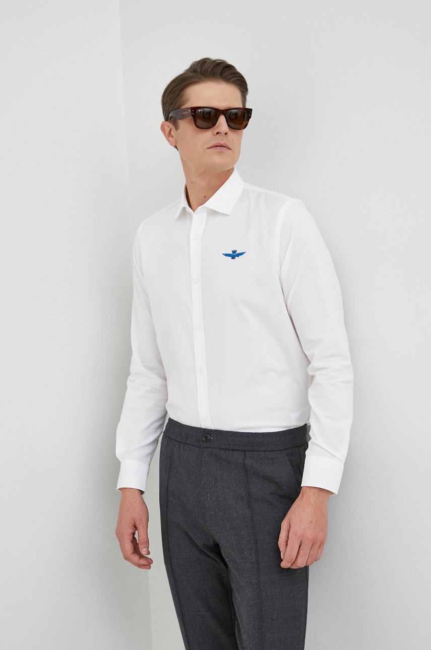 Aeronautica militare camasa din bumbac barbati, culoarea alb, cu guler italian, regular