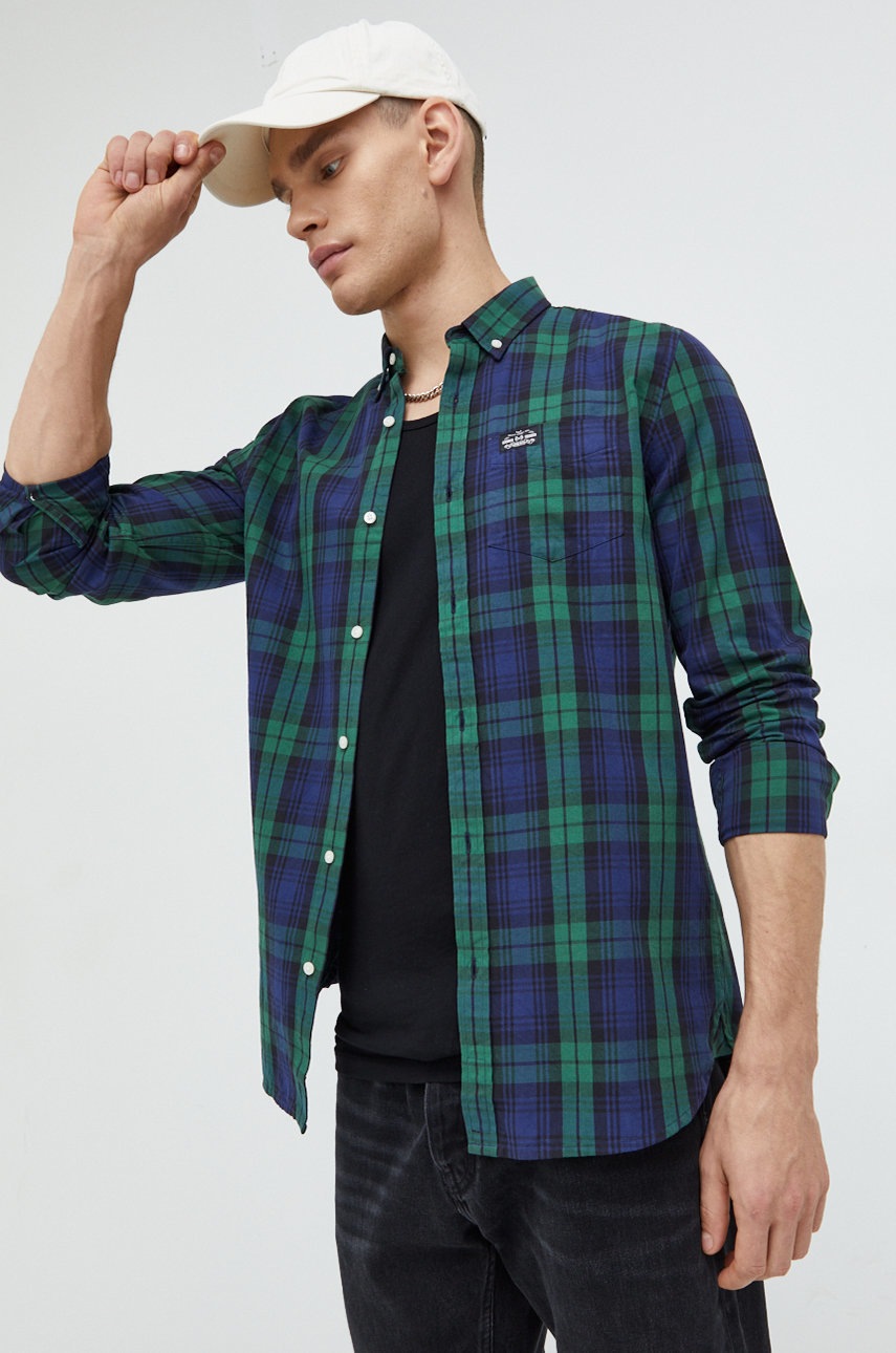 

Памучна риза Superdry мъжка в зелено със стандартна кройка с яка с копче, Зелен