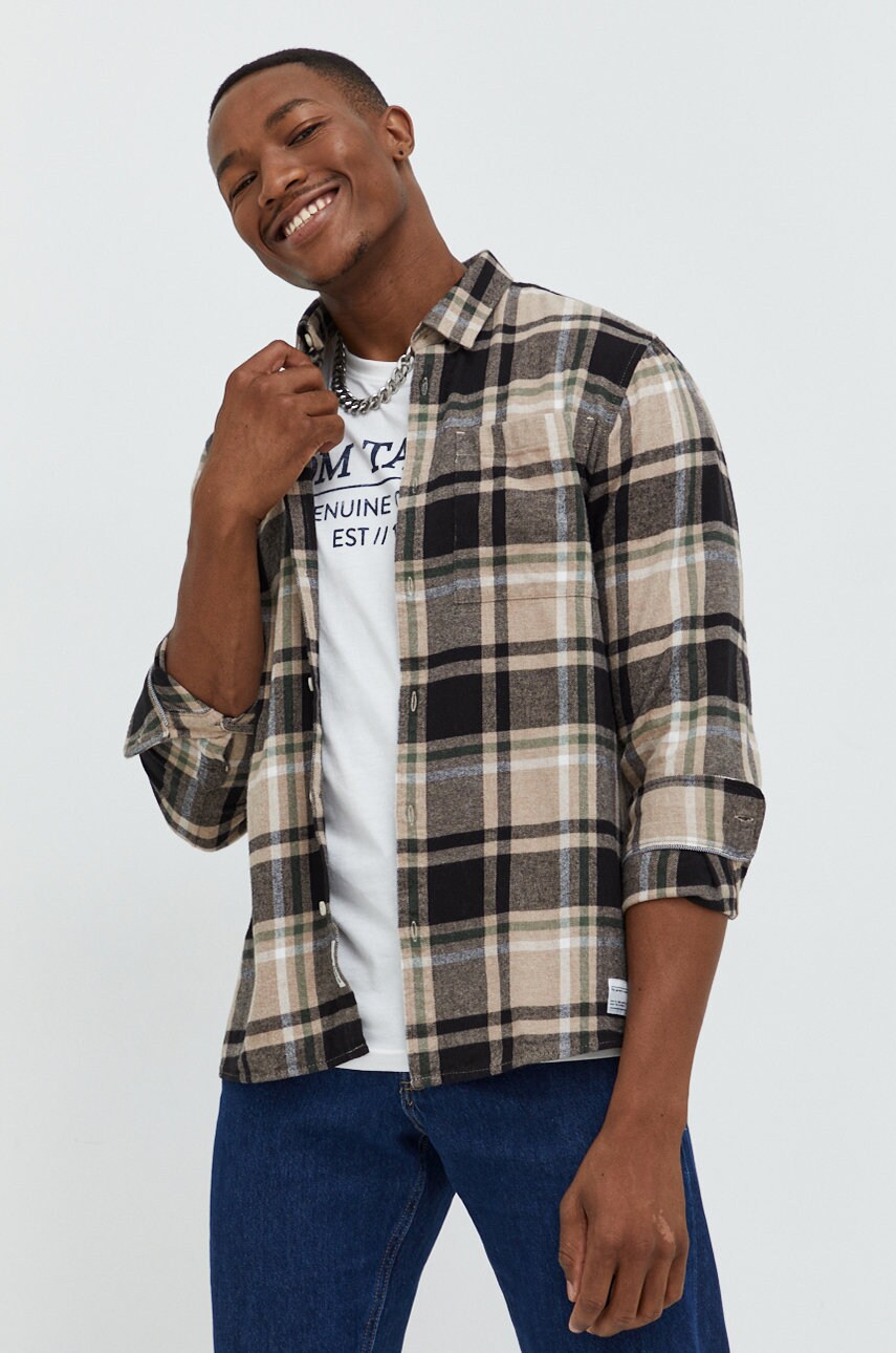 Solid camasa din bumbac barbati, culoarea bej, cu guler button-down, regular