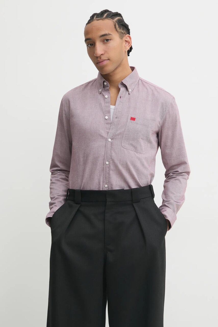 HUGO camasa din bumbac barbati, culoarea roz, cu guler button-down, slim