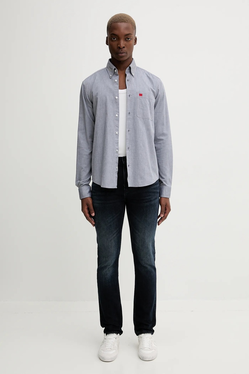 Хлопковая рубашка HUGO цвет чёрный slim воротник button-down 50479302