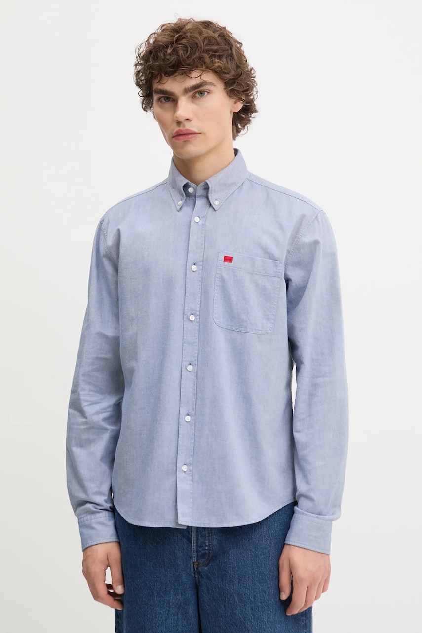 Levně Bavlněná košile HUGO pánská, černá barva, slim, s límečkem button-down, 50479302