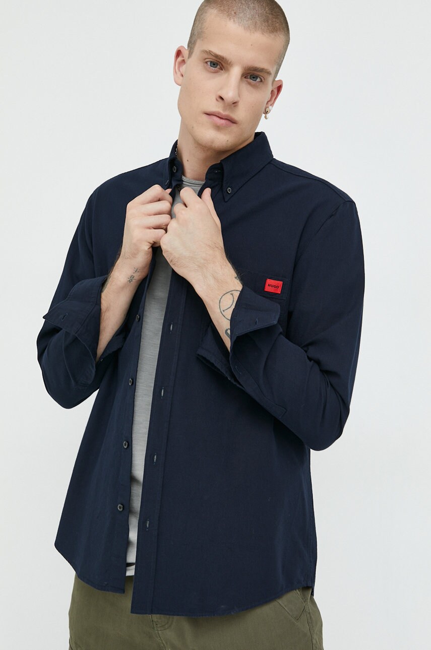Hugo camasa din bumbac barbati, culoarea albastru marin, cu guler button-down, slim