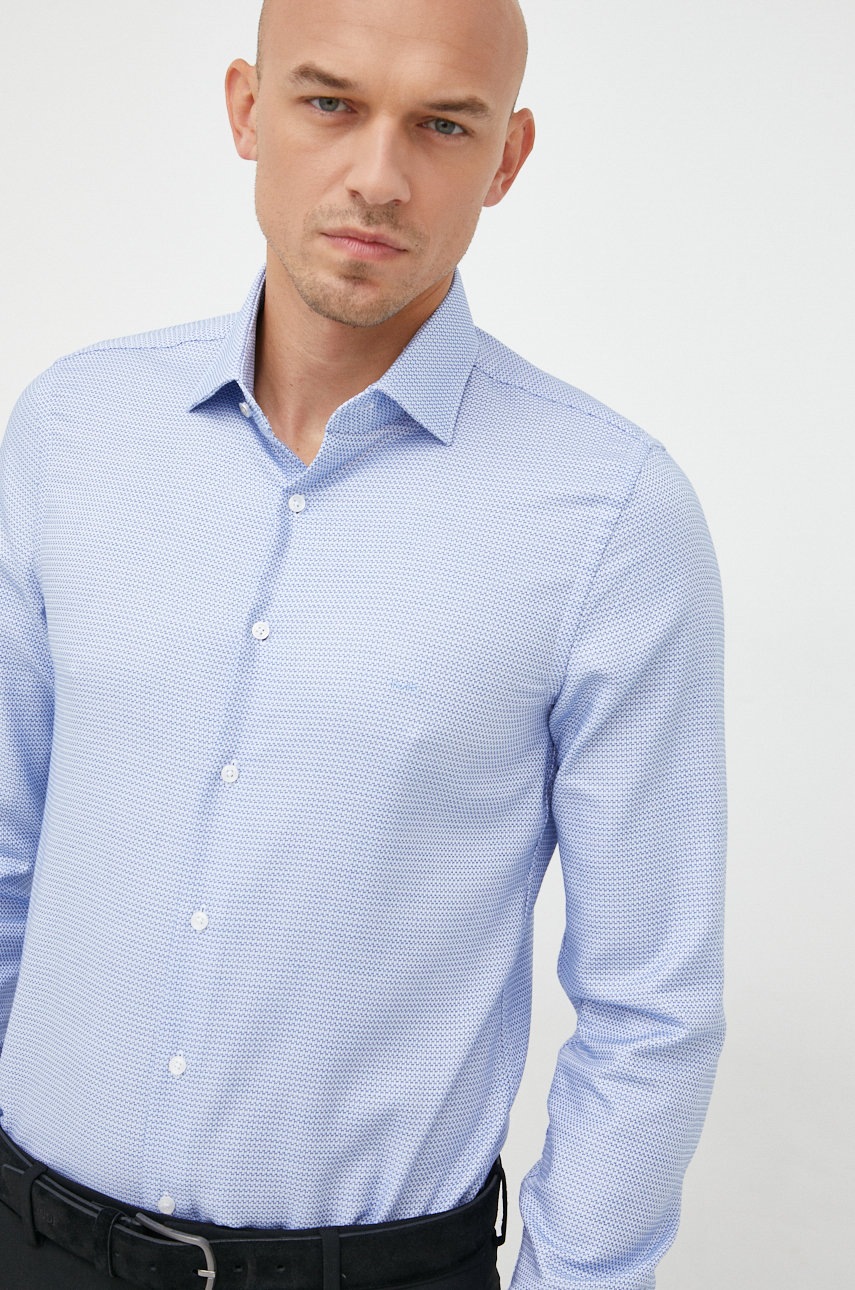 

Памучна риза Michael Kors мъжка с кройка по тялото с италианска яка, Син