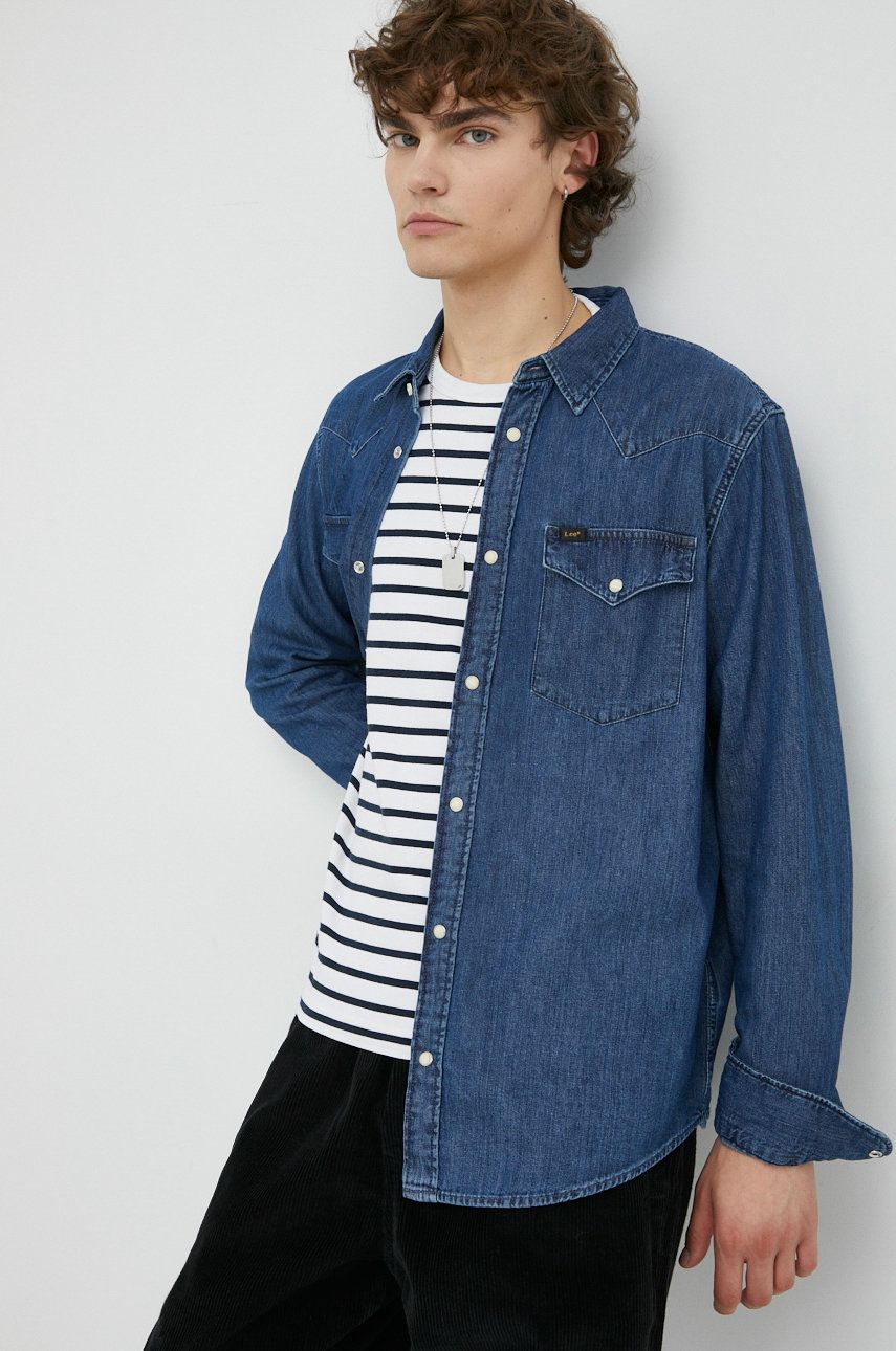 Lee camasa jeans barbati, culoarea albastru marin, cu guler clasic, regular albastru imagine noua